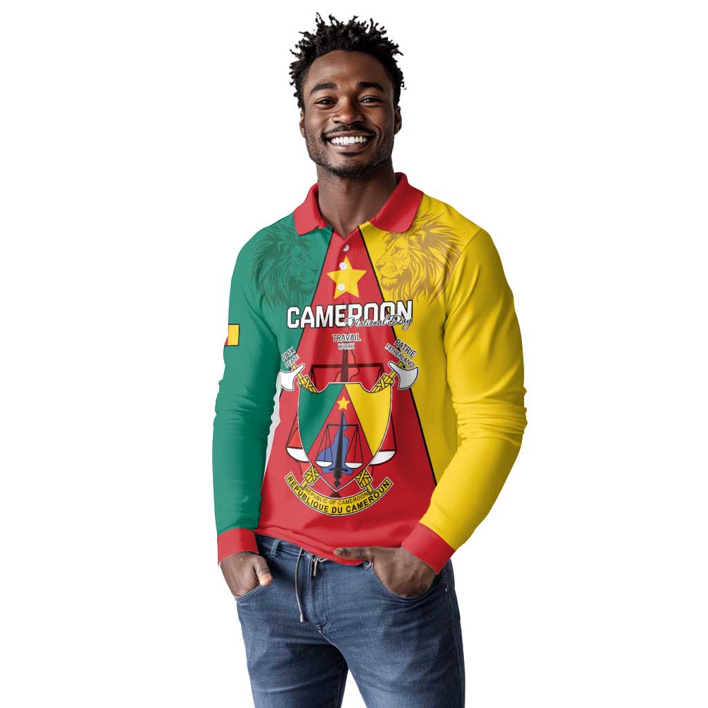 Personalised Cameroon National Day Long Sleeve Polo Shirt Lion Mix Coat Of Arms Style