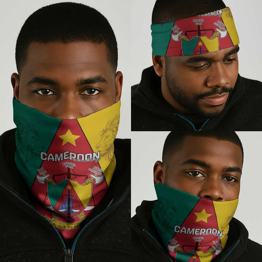 Cameroon National Day Neck Gaiter Lion Mix Coat Of Arms Style - African Pride