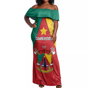 Personalised Cameroon National Day Off Shoulder Maxi Dress Lion Mix Coat Of Arms Style