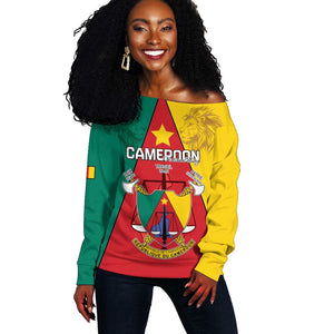 Personalised Cameroon National Day Off Shoulder Sweater Lion Mix Coat Of Arms Style