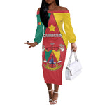 Personalised Cameroon National Day Off The Shoulder Long Sleeve Dress Lion Mix Coat Of Arms Style