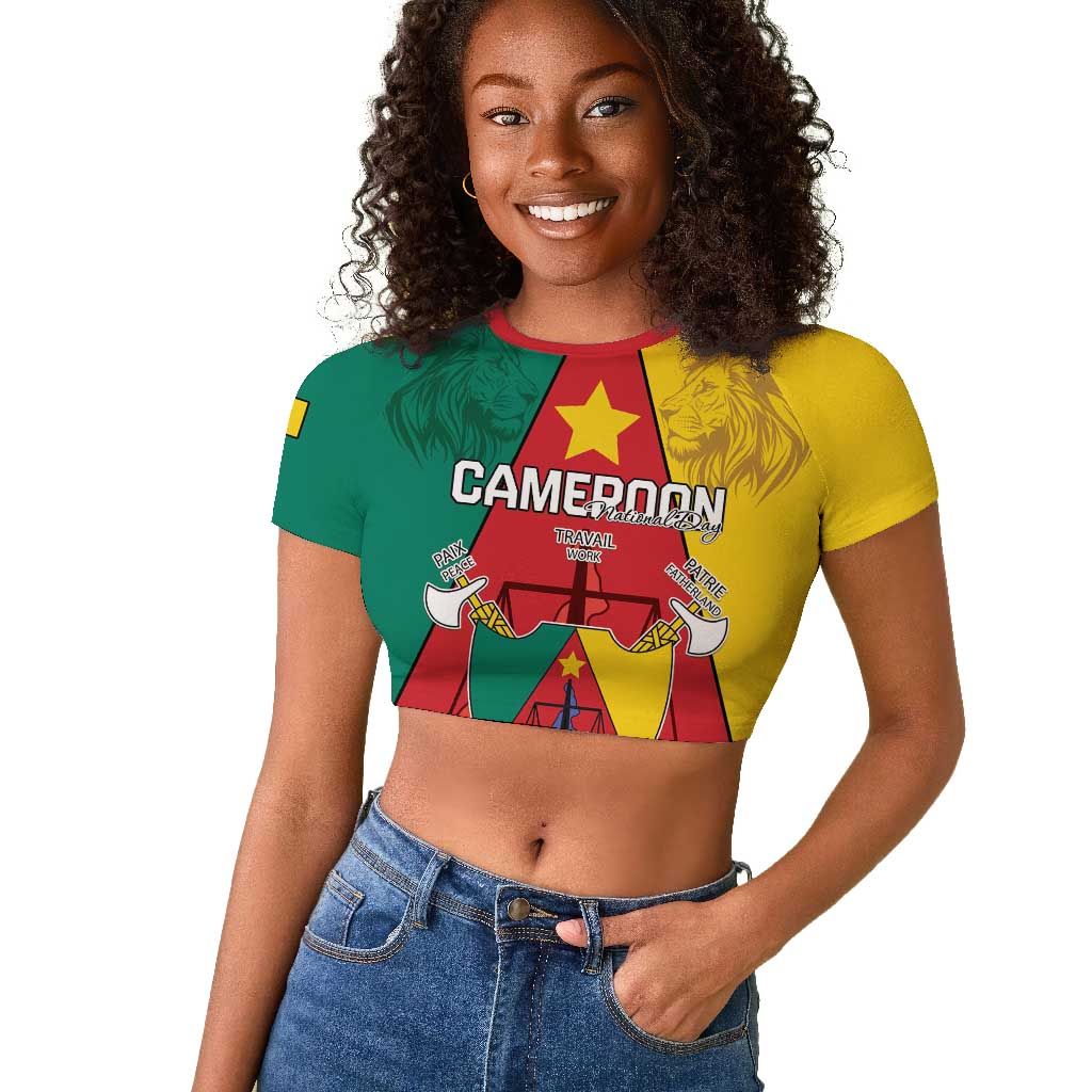 Personalised Cameroon National Day Raglan Cropped T shirt Lion Mix Coat Of Arms Style