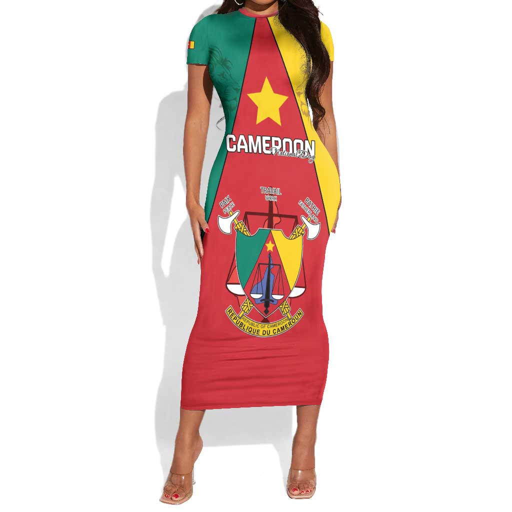 Personalised Cameroon National Day Short Sleeve Bodycon Dress Lion Mix Coat Of Arms Style LT15