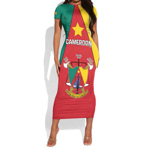 Personalised Cameroon National Day Short Sleeve Bodycon Dress Lion Mix Coat Of Arms Style LT15