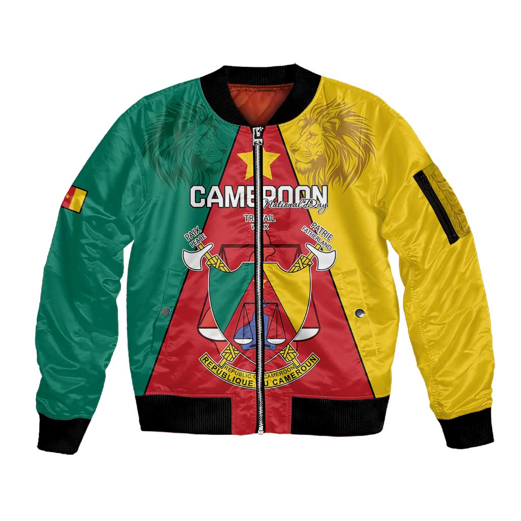Personalised Cameroon National Day Sleeve Zip Bomber Jacket Lion Mix Coat Of Arms Style