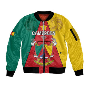 Personalised Cameroon National Day Sleeve Zip Bomber Jacket Lion Mix Coat Of Arms Style