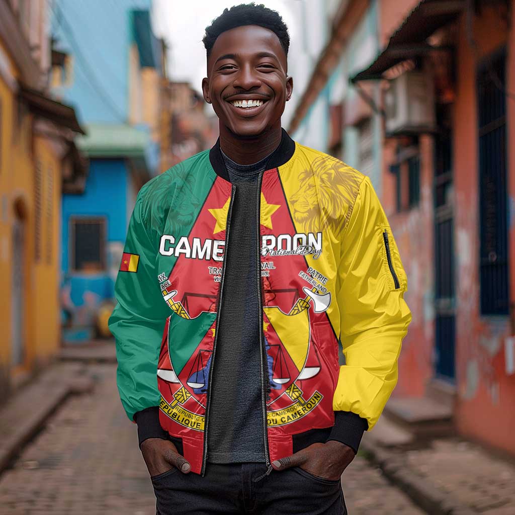 Personalised Cameroon National Day Sleeve Zip Bomber Jacket Lion Mix Coat Of Arms Style