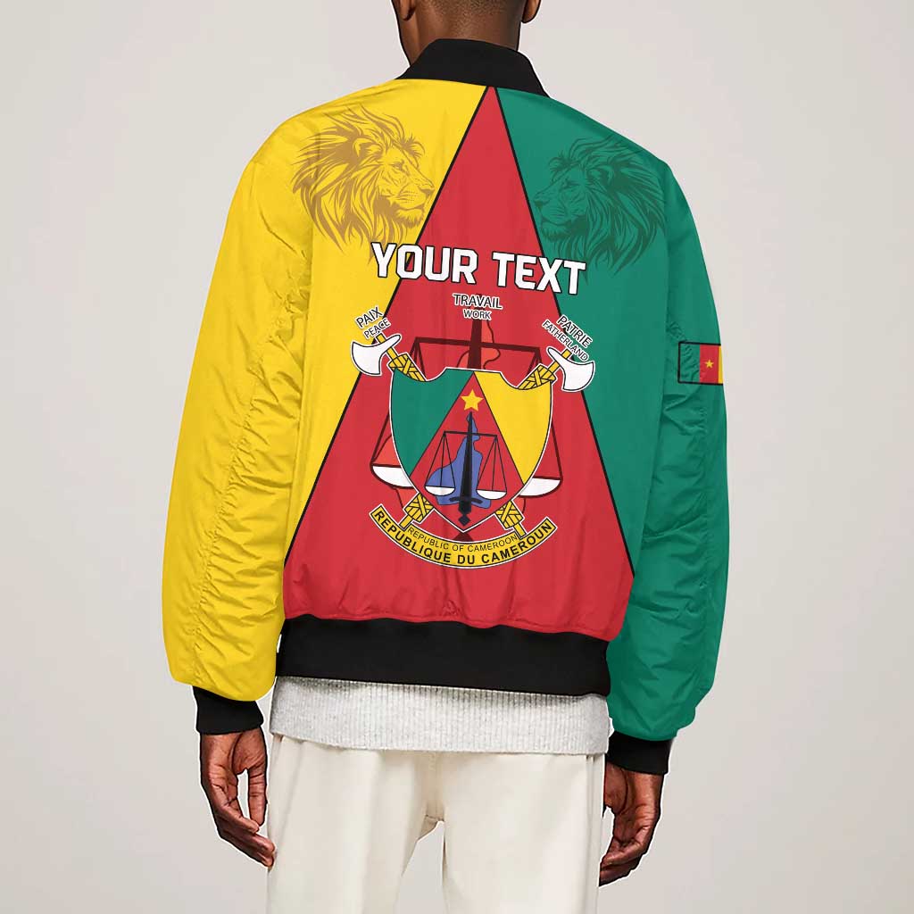 Personalised Cameroon National Day Sleeve Zip Bomber Jacket Lion Mix Coat Of Arms Style