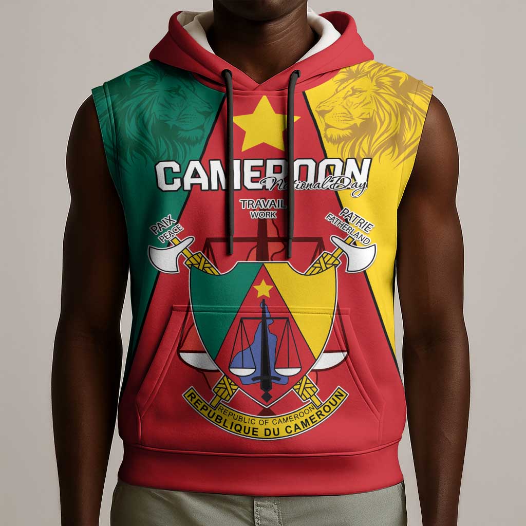Personalised Cameroon National Day Sleeveless Hoodie Lion Mix Coat Of Arms Style - African Pride