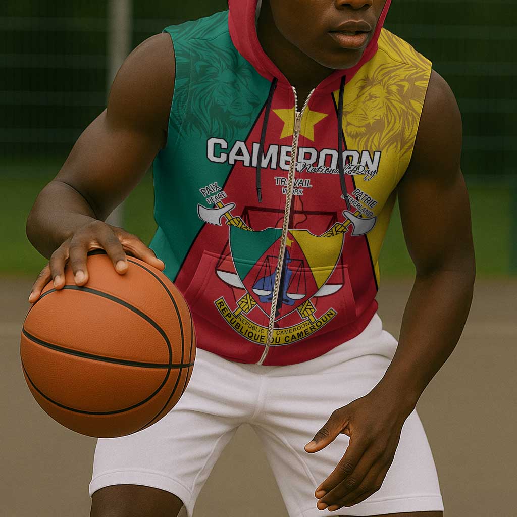 Personalised Cameroon National Day Sleeveless Zip Hoodie Lion Mix Coat Of Arms Style - African Pride