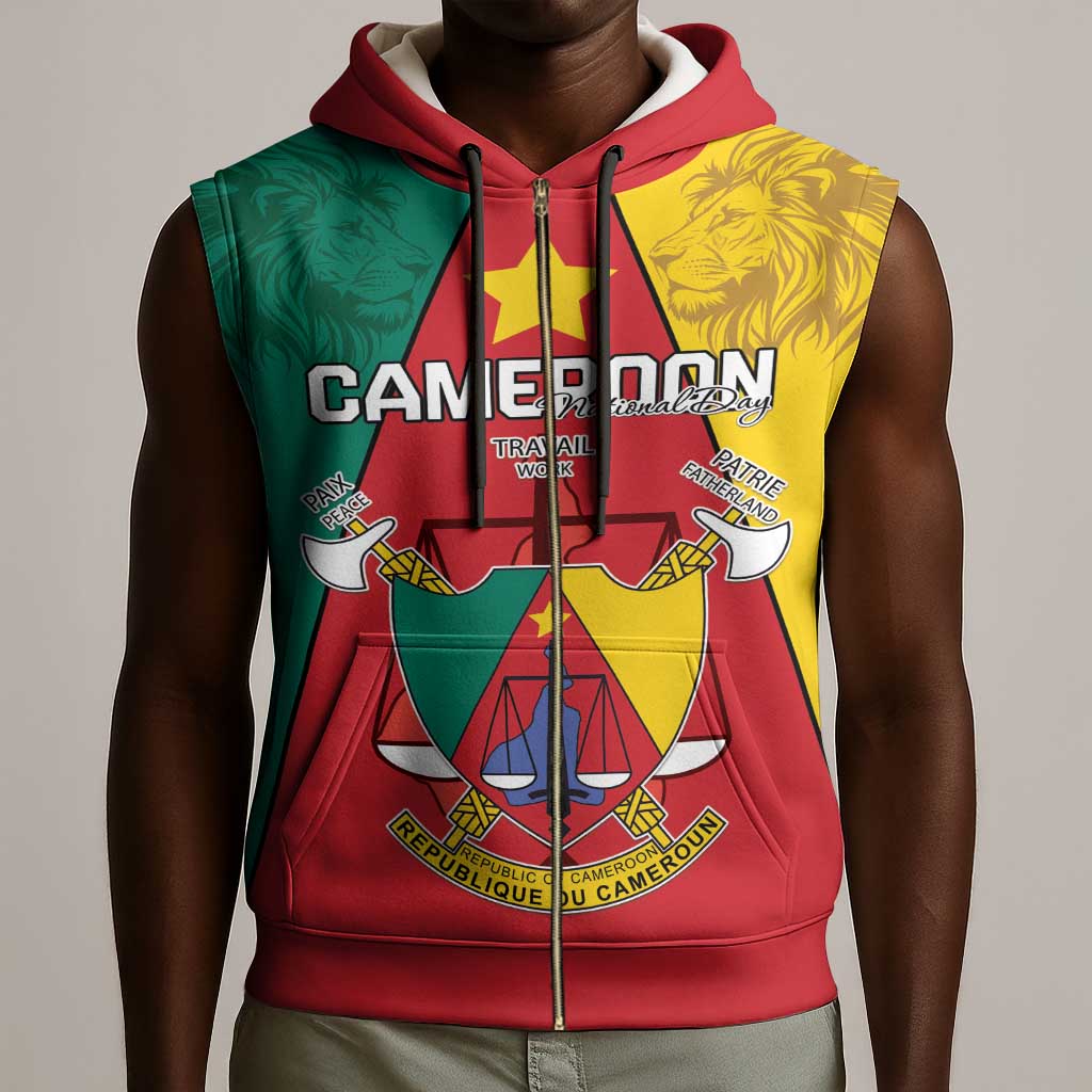 Personalised Cameroon National Day Sleeveless Zip Hoodie Lion Mix Coat Of Arms Style - African Pride