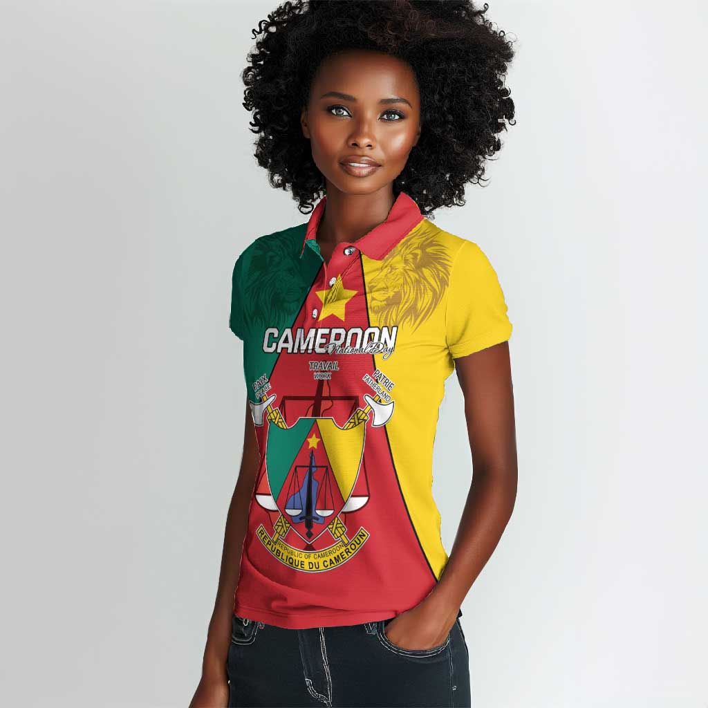 Personalised Cameroon National Day Women Polo Shirt Lion Mix Coat Of Arms Style