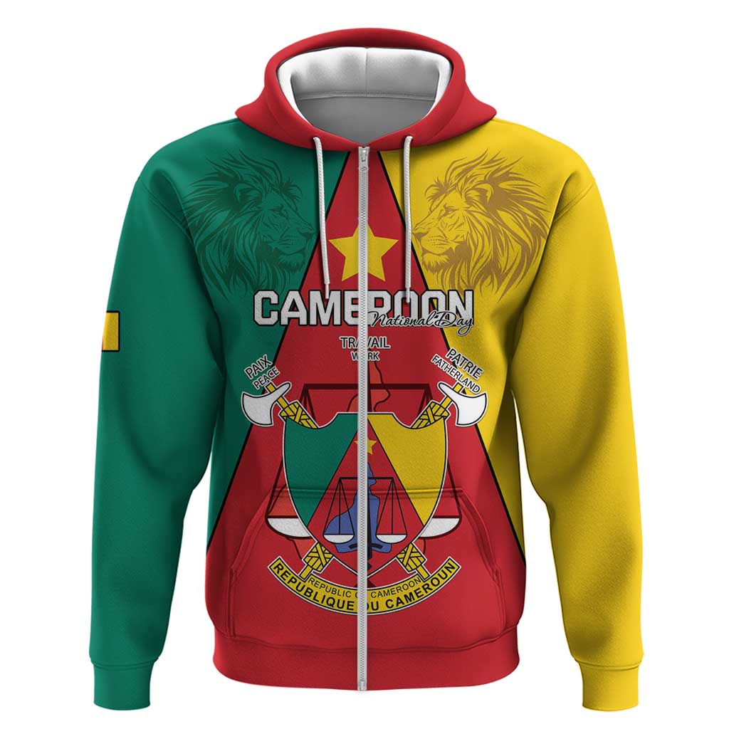 Personalised Cameroon National Day Zip Hoodie Lion Mix Coat Of Arms Style