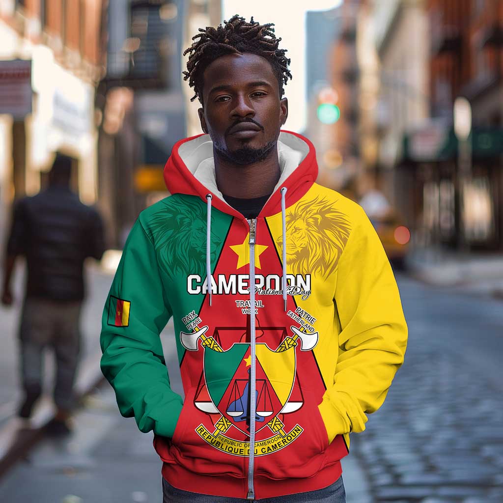 Personalised Cameroon National Day Zip Hoodie Lion Mix Coat Of Arms Style
