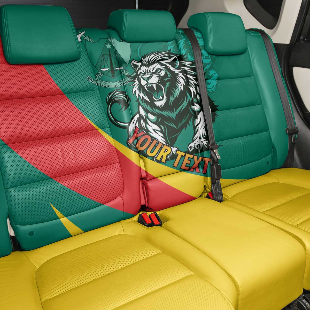 Personalised Happy Cameroon National Day Back Car Seat Cover Lion With Coat Of Arms - Curve Style