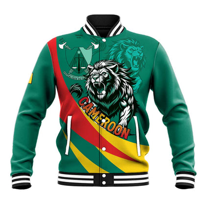 Personalised Happy Cameroon National Day Baseball Jacket Lion With Coat Of Arms - Curve Style