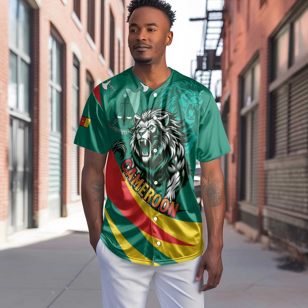 Personalised Happy Cameroon National Day Baseball Jersey Lion With Coat Of Arms - Curve Style