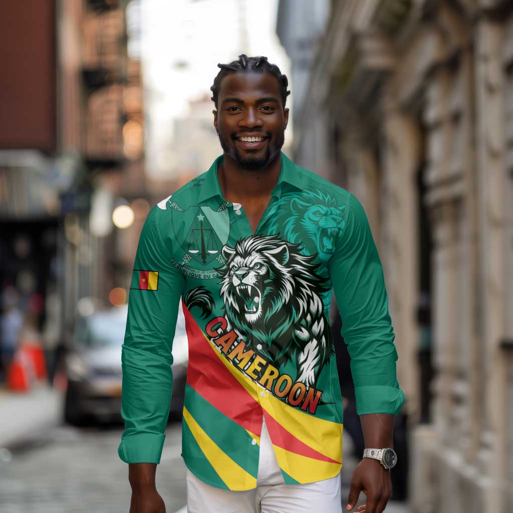 Personalised Happy Cameroon National Day Long Sleeve Button Shirt Lion With Coat Of Arms - Curve Style
