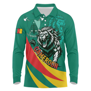 Personalised Happy Cameroon National Day Long Sleeve Polo Shirt Lion With Coat Of Arms - Curve Style