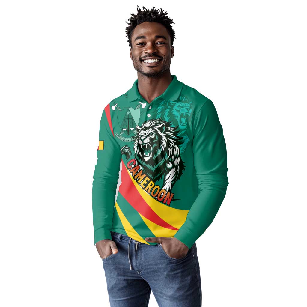 Personalised Happy Cameroon National Day Long Sleeve Polo Shirt Lion With Coat Of Arms - Curve Style