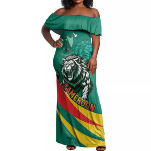 Personalised Happy Cameroon National Day Off Shoulder Maxi Dress Lion With Coat Of Arms - Curve Style