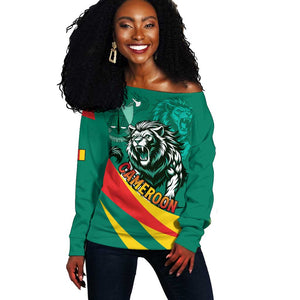 Personalised Happy Cameroon National Day Off Shoulder Sweater Lion With Coat Of Arms - Curve Style