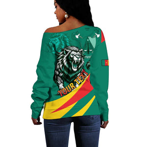 Personalised Happy Cameroon National Day Off Shoulder Sweater Lion With Coat Of Arms - Curve Style