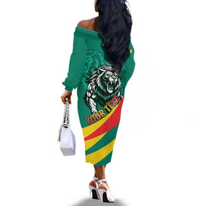 Personalised Happy Cameroon National Day Off The Shoulder Long Sleeve Dress Lion With Coat Of Arms - Curve Style