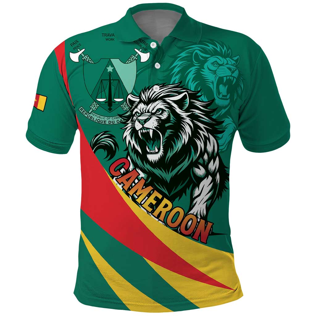 Personalised Happy Cameroon National Day Polo Shirt Lion With Coat Of Arms - Curve Style