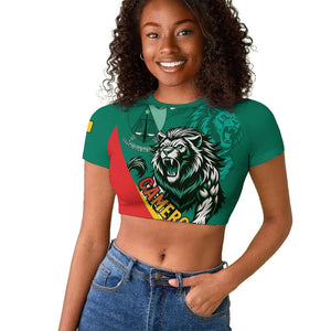 Personalised Happy Cameroon National Day Raglan Cropped T shirt Lion With Coat Of Arms - Curve Style