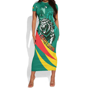 Personalised Happy Cameroon National Day Short Sleeve Bodycon Dress Lion With Coat Of Arms - Curve Style LT15