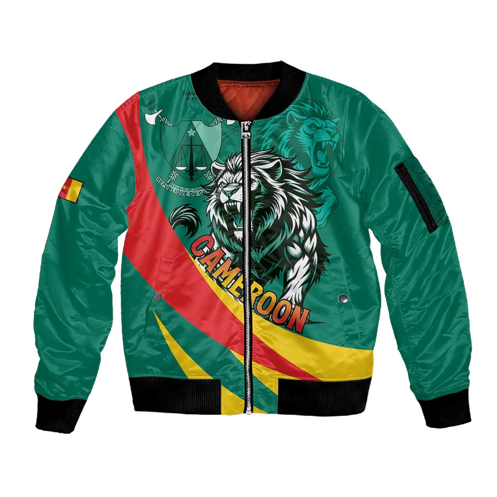 Personalised Happy Cameroon National Day Sleeve Zip Bomber Jacket Lion With Coat Of Arms - Curve Style