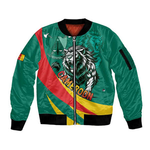 Personalised Happy Cameroon National Day Sleeve Zip Bomber Jacket Lion With Coat Of Arms - Curve Style