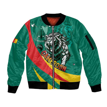 Personalised Happy Cameroon National Day Sleeve Zip Bomber Jacket Lion With Coat Of Arms - Curve Style