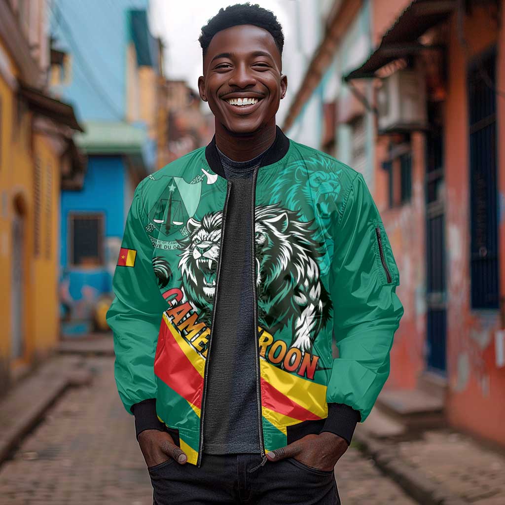 Personalised Happy Cameroon National Day Sleeve Zip Bomber Jacket Lion With Coat Of Arms - Curve Style