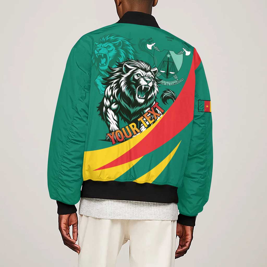 Personalised Happy Cameroon National Day Sleeve Zip Bomber Jacket Lion With Coat Of Arms - Curve Style