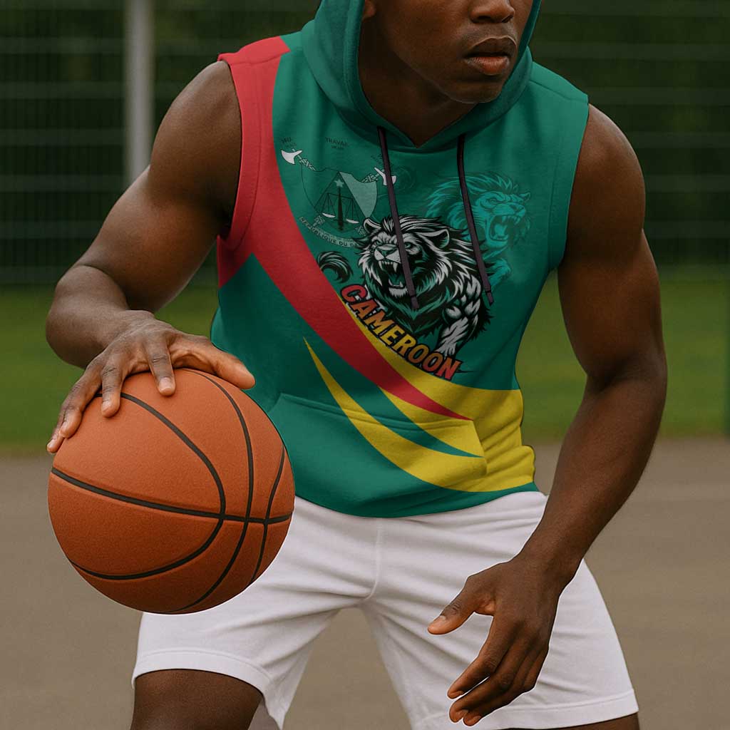 Personalised Happy Cameroon National Day Sleeveless Hoodie Lion With Coat Of Arms - Curve Style - African Pride