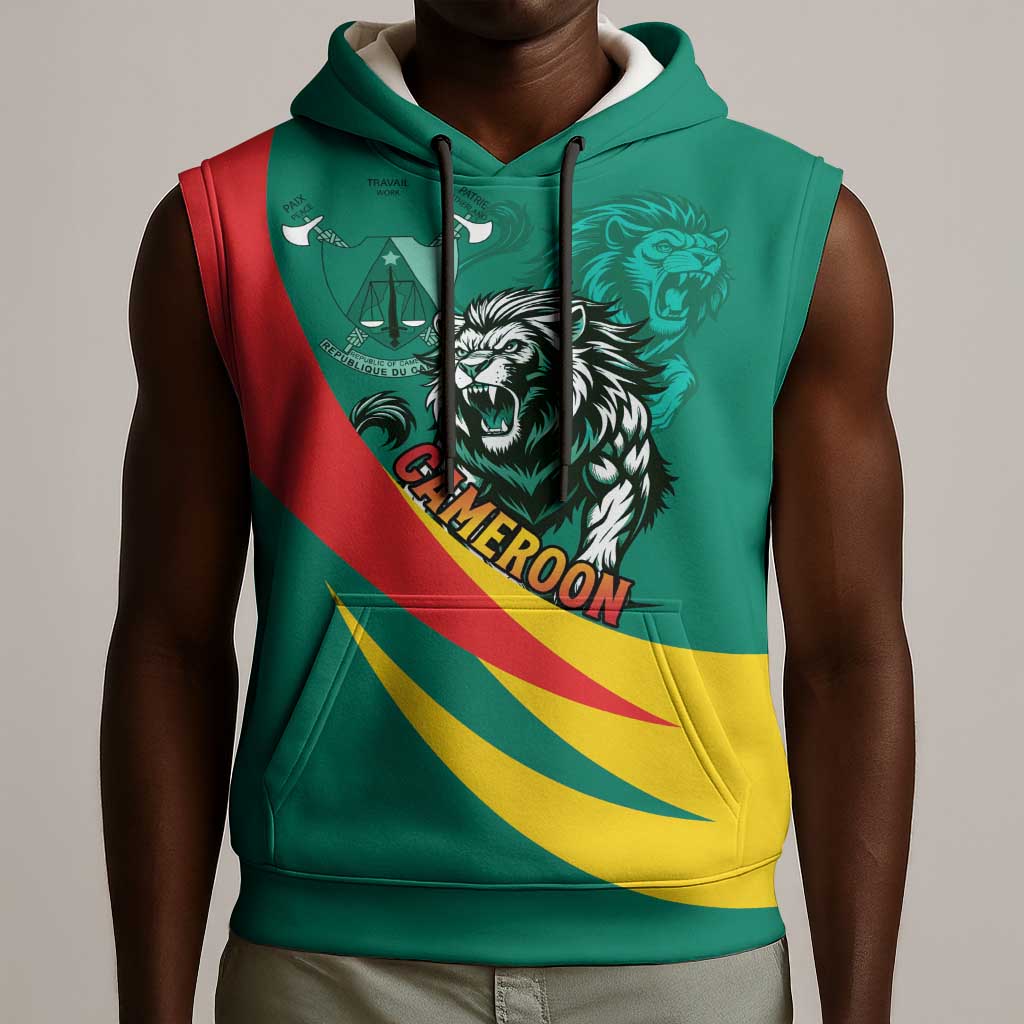 Personalised Happy Cameroon National Day Sleeveless Hoodie Lion With Coat Of Arms - Curve Style - African Pride