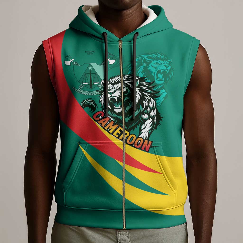Personalised Happy Cameroon National Day Sleeveless Zip Hoodie Lion With Coat Of Arms - Curve Style - African Pride