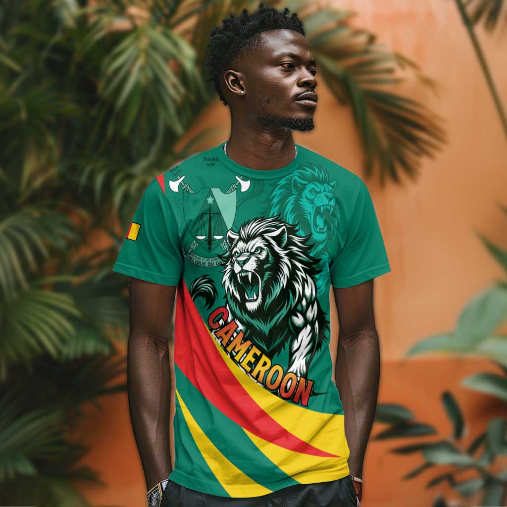 Personalised Happy Cameroon National Day T shirt Lion With Coat Of Arms - Curve Style