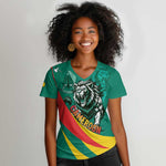 Personalised Happy Cameroon National Day Women V-Neck T-Shirt Lion With Coat Of Arms - Curve Style