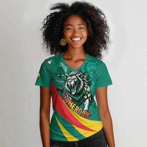 Personalised Happy Cameroon National Day Women V-Neck T-Shirt Lion With Coat Of Arms - Curve Style