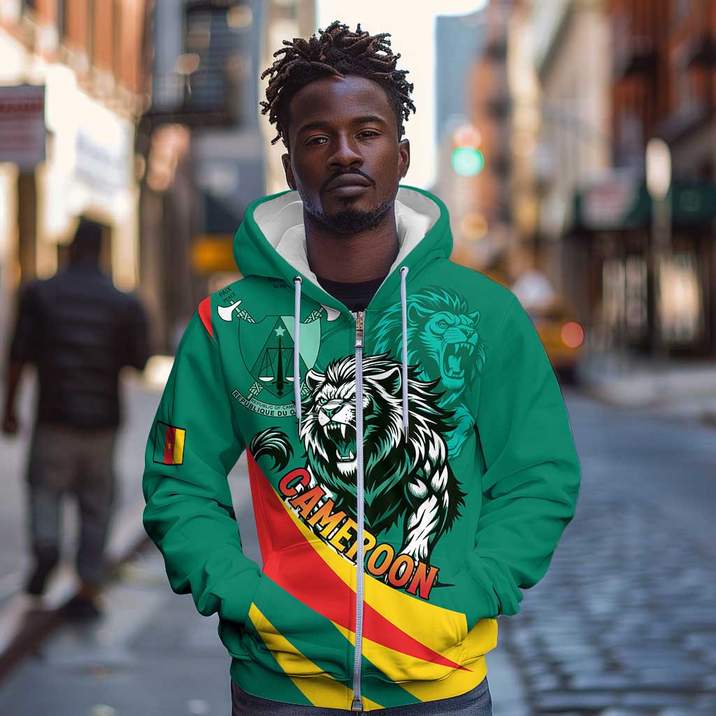 Personalised Happy Cameroon National Day Zip Hoodie Lion With Coat Of Arms - Curve Style
