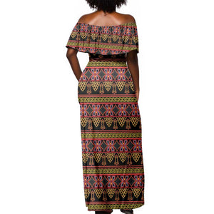 Toghu Cameroon Off Shoulder Maxi Dress Traditional Pattern