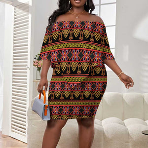 Toghu Cameroon Off Shoulder Short Dress Traditional Pattern
