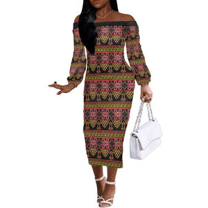 Toghu Cameroon Off The Shoulder Long Sleeve Dress Traditional Pattern