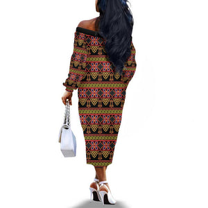 Toghu Cameroon Off The Shoulder Long Sleeve Dress Traditional Pattern