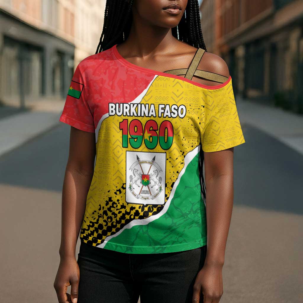 Personalized Burkina Faso Independence Day Cross Shoulder Shirt Coat Of Arms - Grunge Style