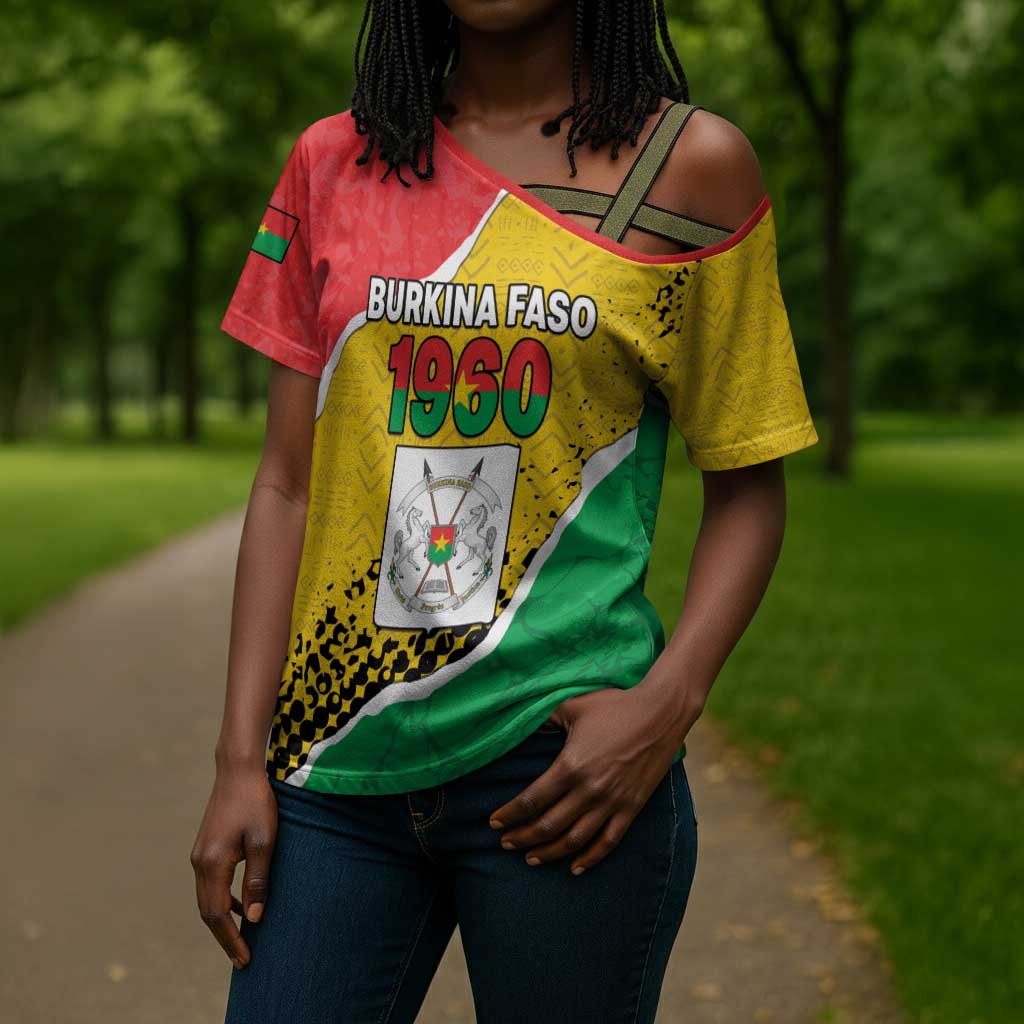 Personalized Burkina Faso Independence Day Cross Shoulder Shirt Coat Of Arms - Grunge Style