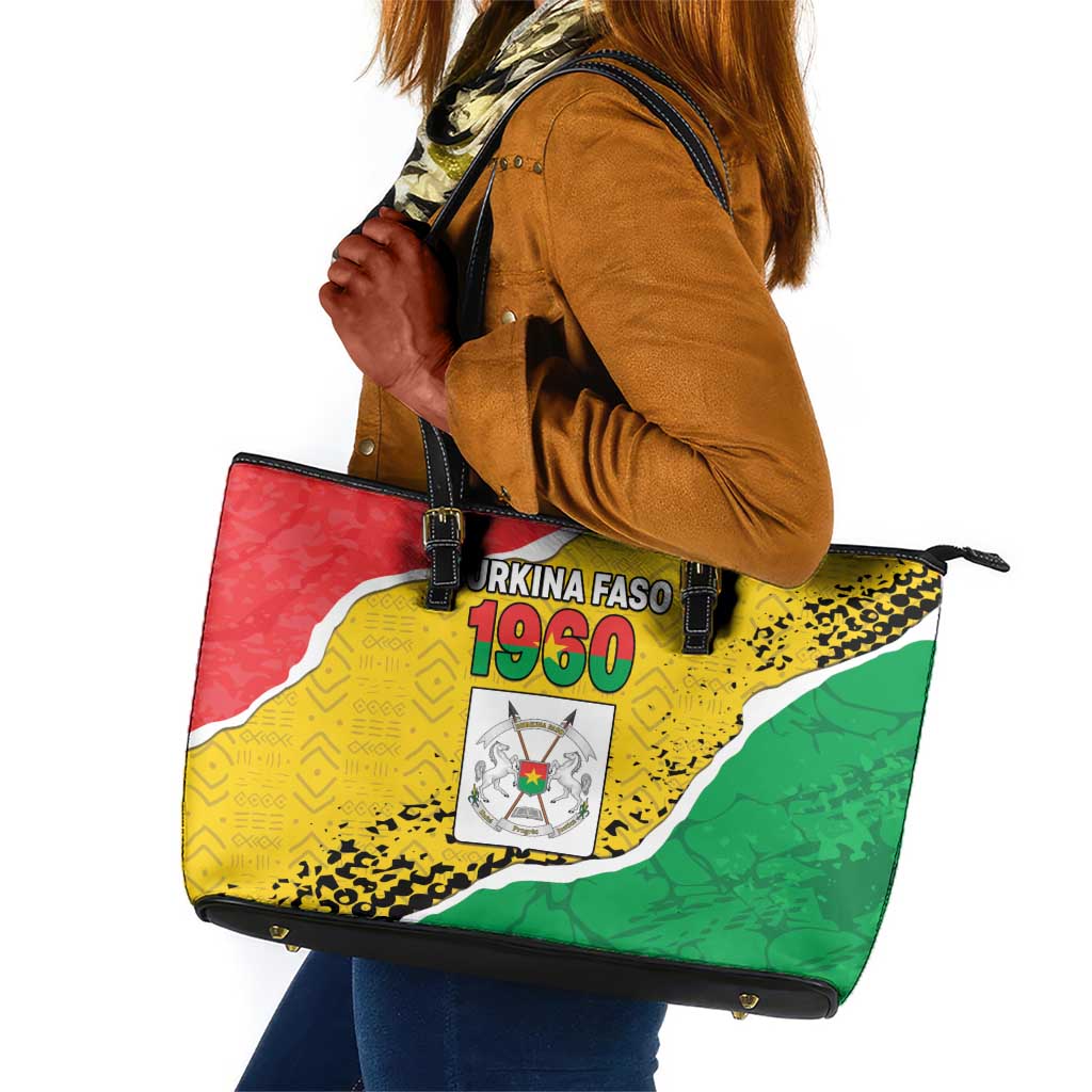 Happy Burkina Faso Leather Tote Bag Independence Day - Bogolan Pattern - African Pride